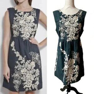 J Crew Mirabel Gray Cream Embroidered Floral Dress SZ 2 Pockets Garden Party